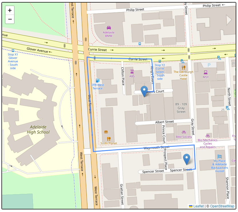 Route Queen's Ct in Adelaide to Spencer Street shown on a map