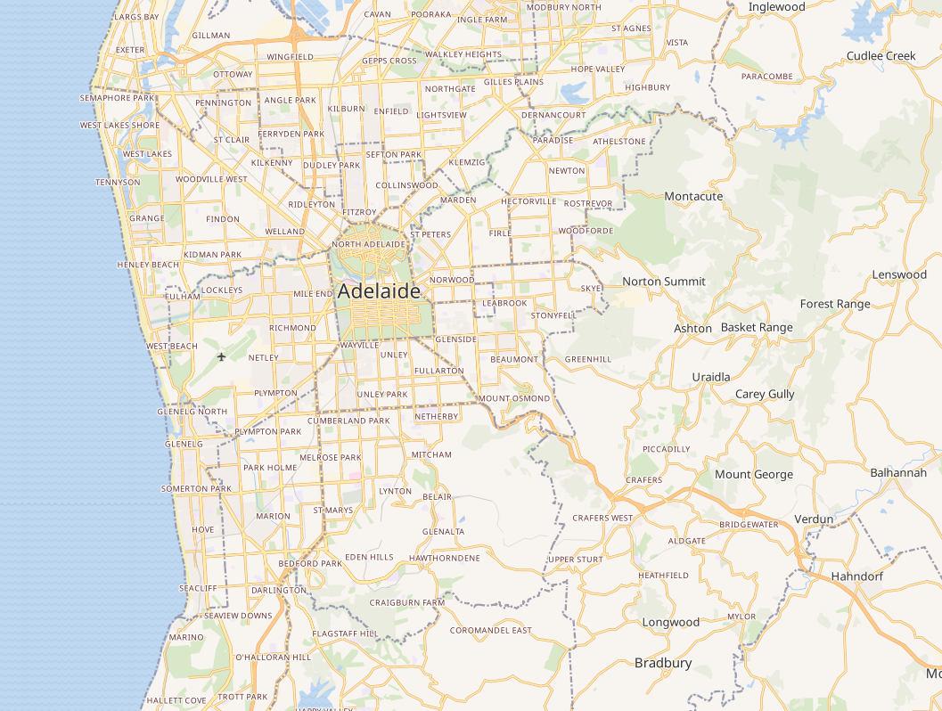 Adelaide rendered by QGIS from vector tiles using OSM Bright GL style. Adelaide rendered by QGIS from vector tiles using the OSM Bright GL style