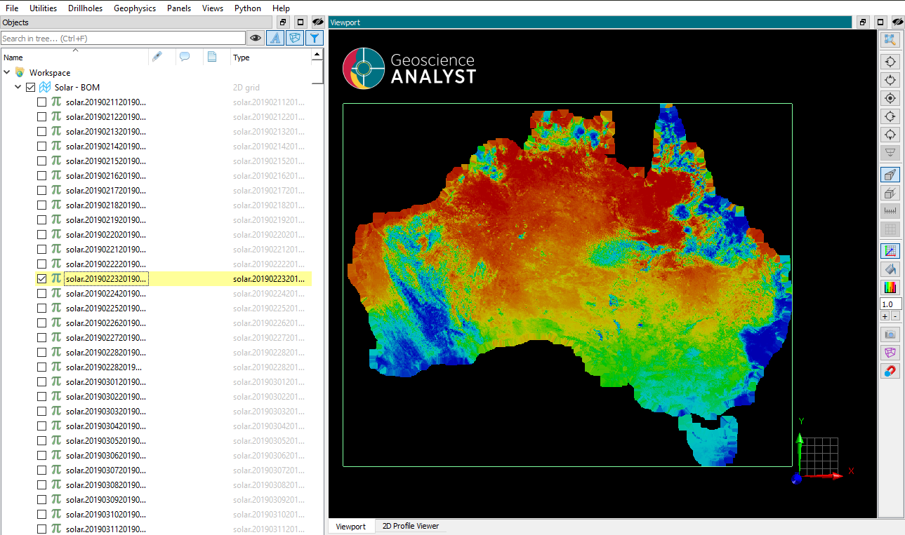 Geoscience ANALYST showing a grid with daily solar as different data sets